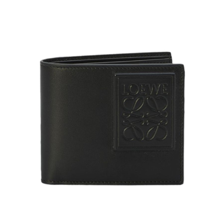 【LOEWE 羅威】Bifold 緞面小牛皮 壓紋 雙摺 皮夾 卡夾 短夾 黑色 C565302X07-0