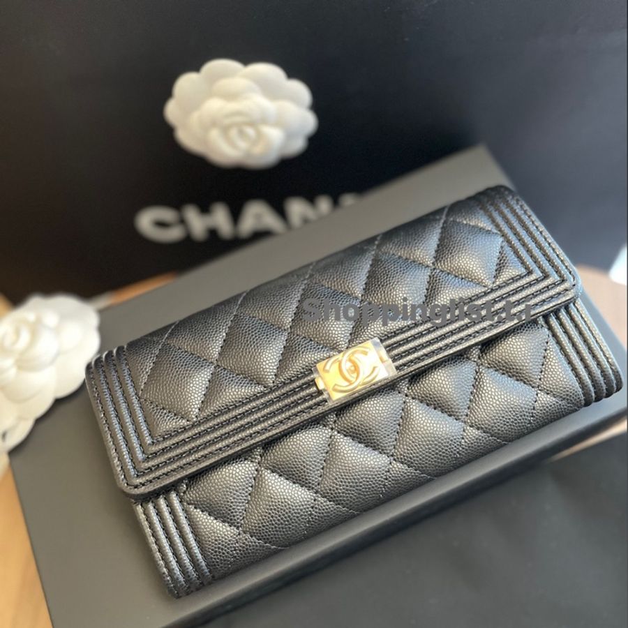 CHANEL boy wallet 黑金 荔枝皮 長銀包-2