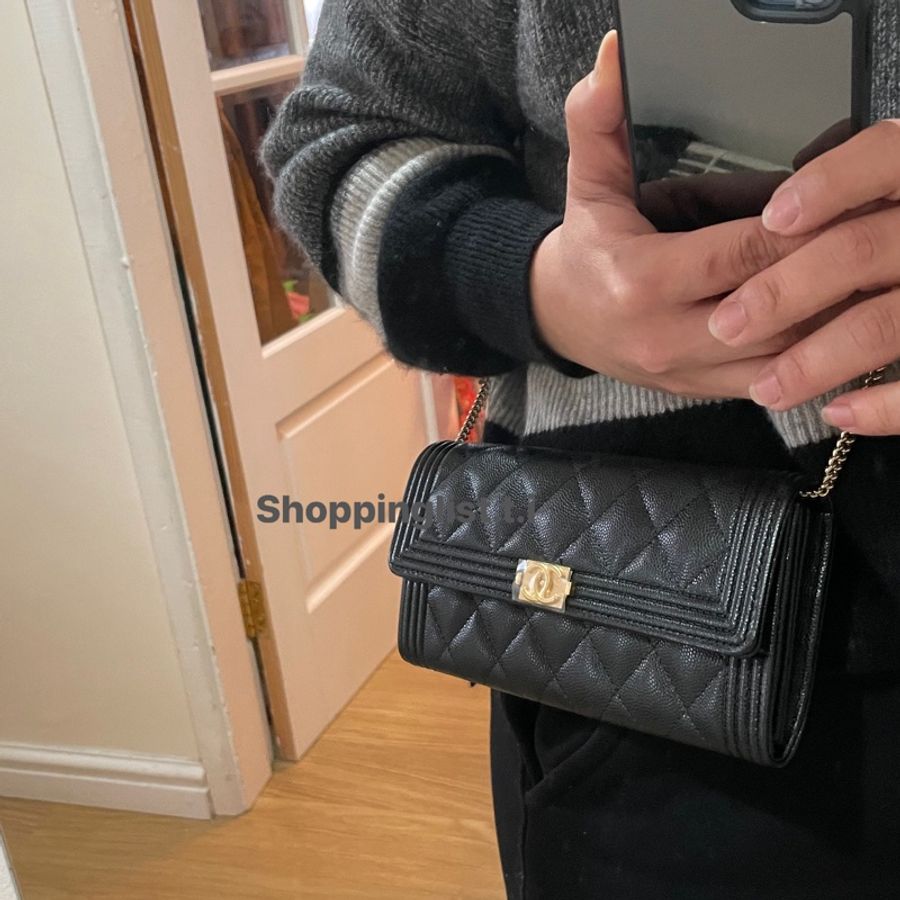 CHANEL boy wallet 黑金 荔枝皮 長銀包-4