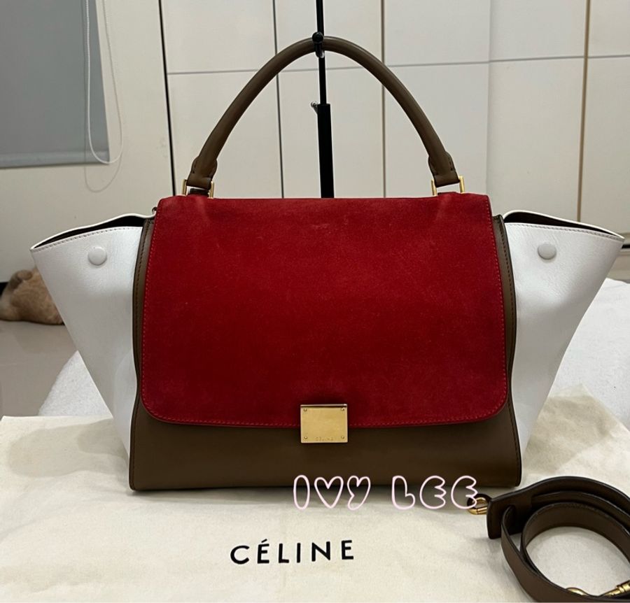 CELINE 拼色 鞦韆包 朱紅色/棕色/白色三色皮革 手提包 肩背包 斜背包 二手精品-0