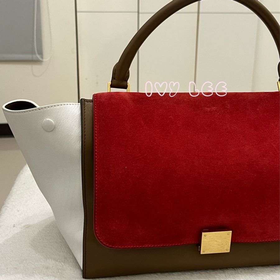 CELINE 拼色 鞦韆包 朱紅色/棕色/白色三色皮革 手提包 肩背包 斜背包 二手精品-37