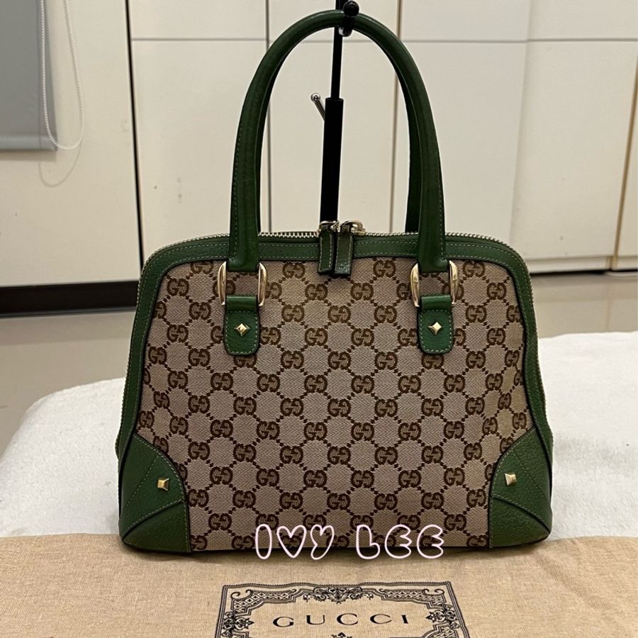 GUCCI 131023 GG 帆布 鑲嵌手提包 綠色皮革 手提包 肩背包 二手精品-0