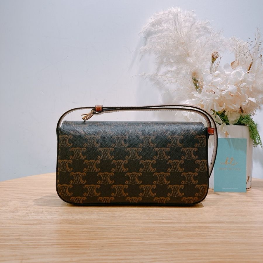 Celine Triomphe Box 賽琳 標誌凱旋門Logo 印花牛皮革 單肩包 黃褐色-1