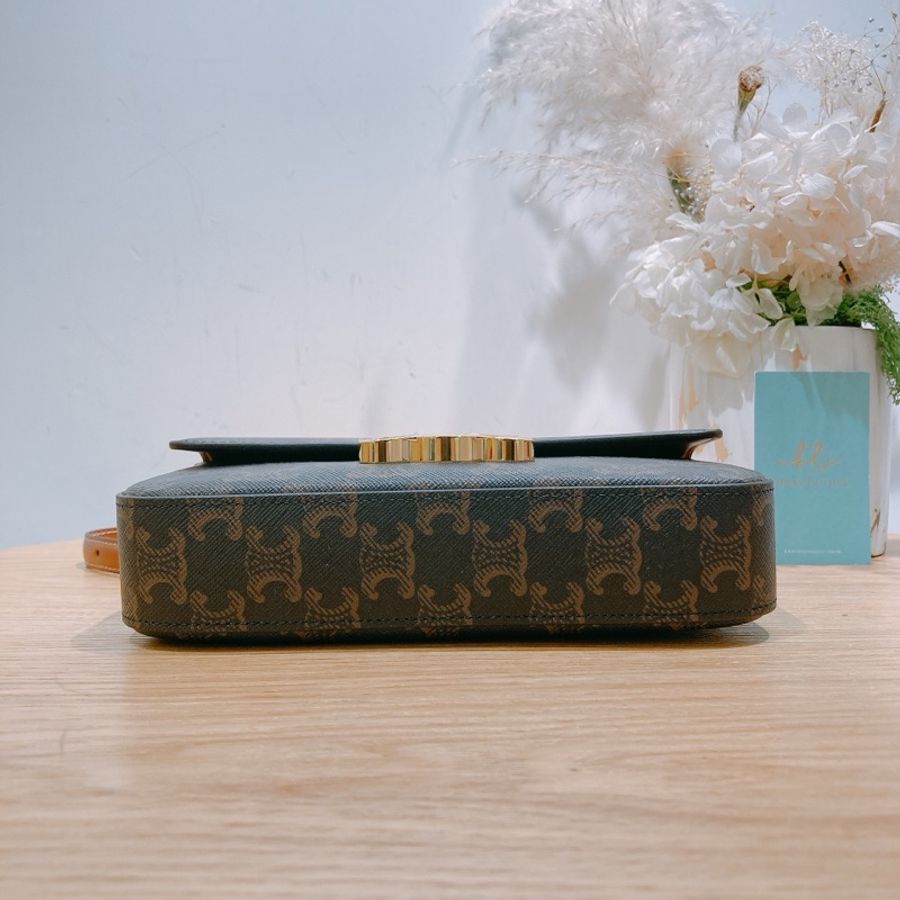 Celine Triomphe Box 賽琳 標誌凱旋門Logo 印花牛皮革 單肩包 黃褐色-4