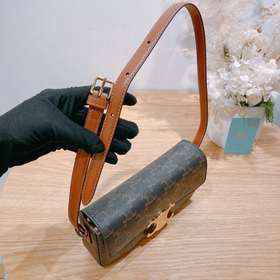 Celine Triomphe Box 賽琳 標誌凱旋門Logo 印花牛皮革 單肩包 黃褐色-6