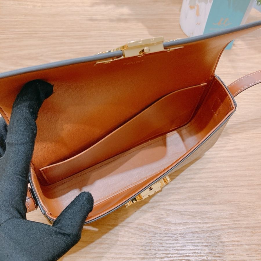 Celine Triomphe Box 賽琳 標誌凱旋門Logo 印花牛皮革 單肩包 黃褐色-7