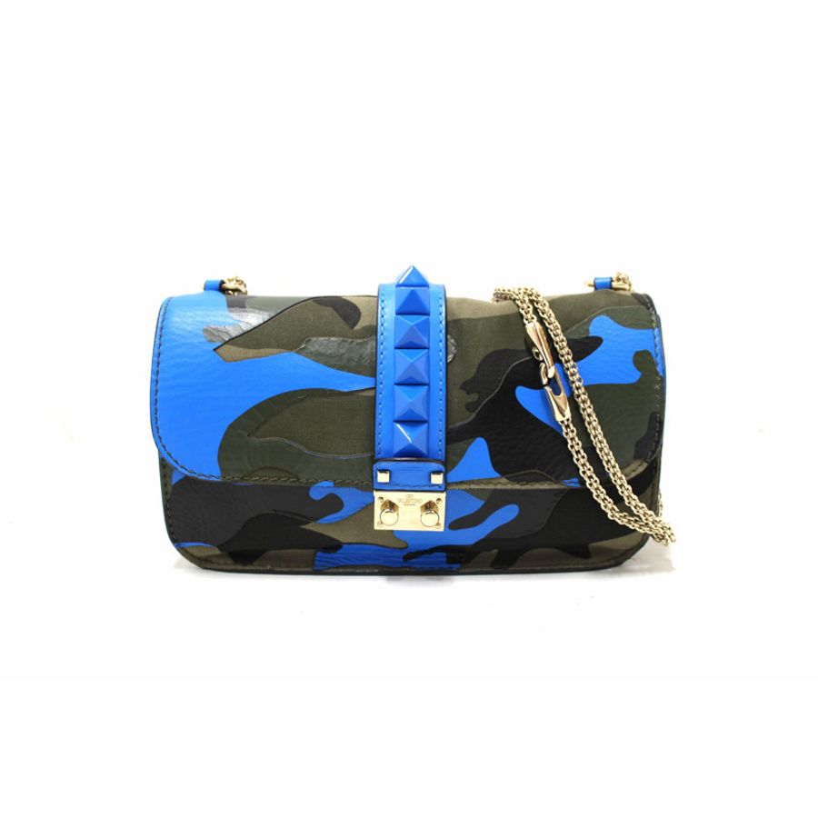 Valentino Garavani Blue Nappa Canvas Camouflage Medium Glam Lock Rockstud Flap-0
