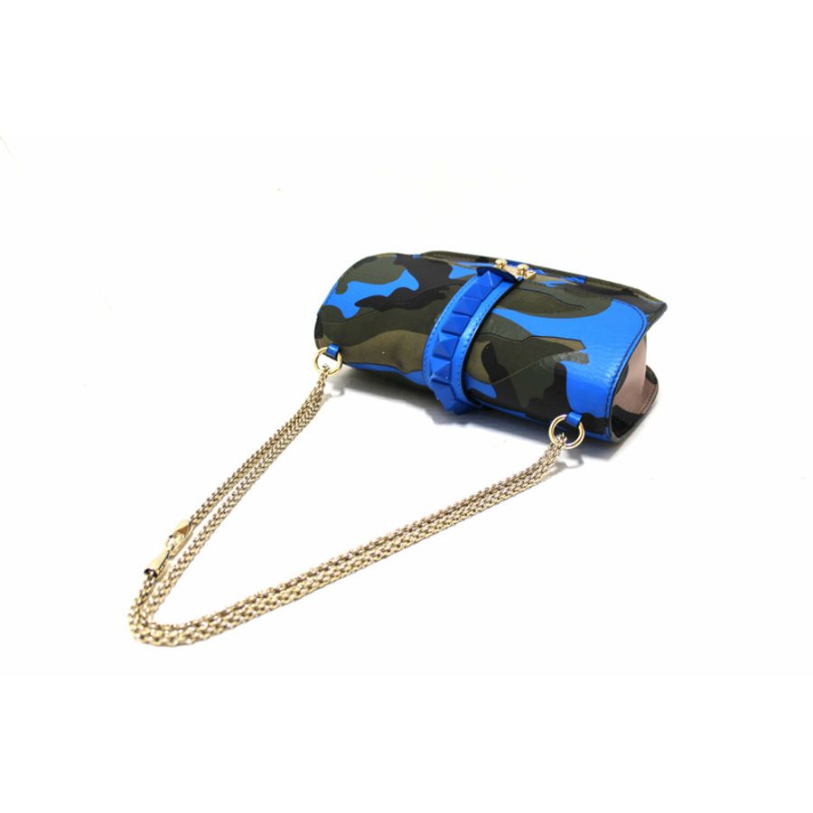 Valentino Garavani Blue Nappa Canvas Camouflage Medium Glam Lock Rockstud Flap-13