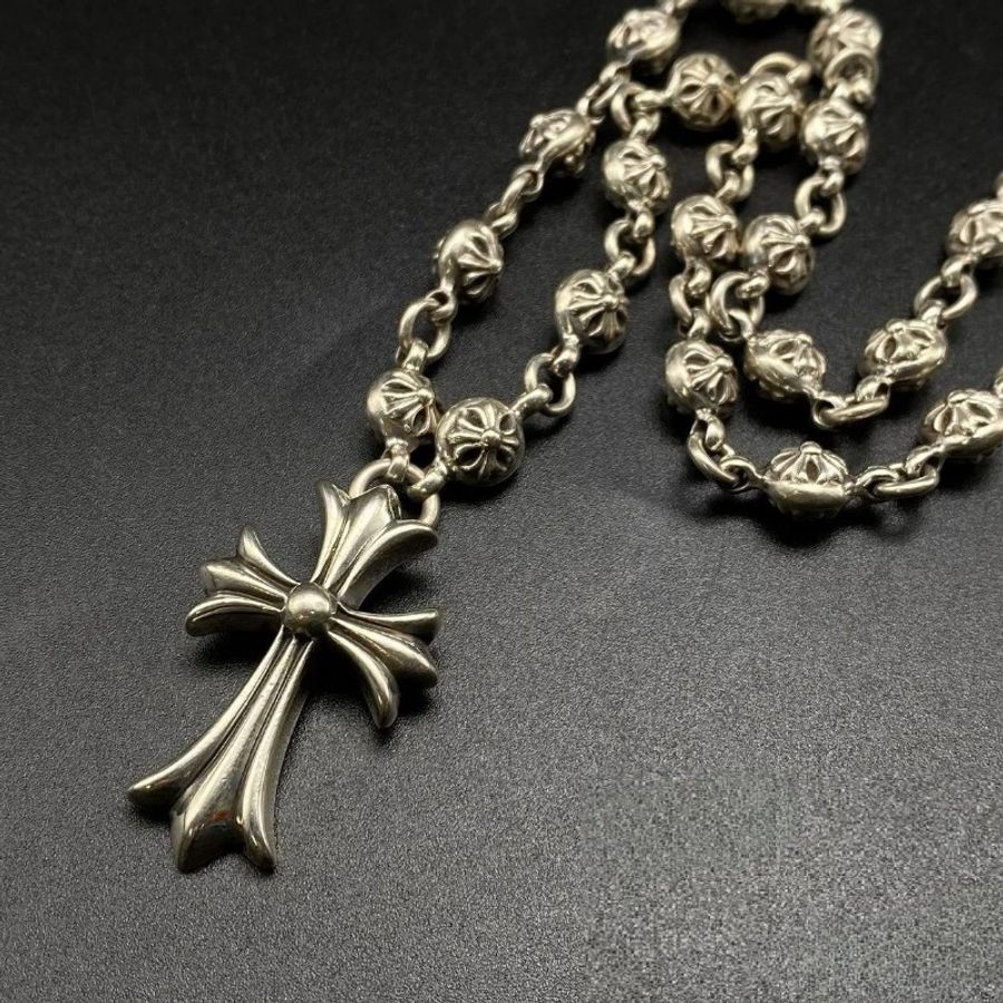 CHROME HEARTS 925銀飾花球十字架項鏈-0