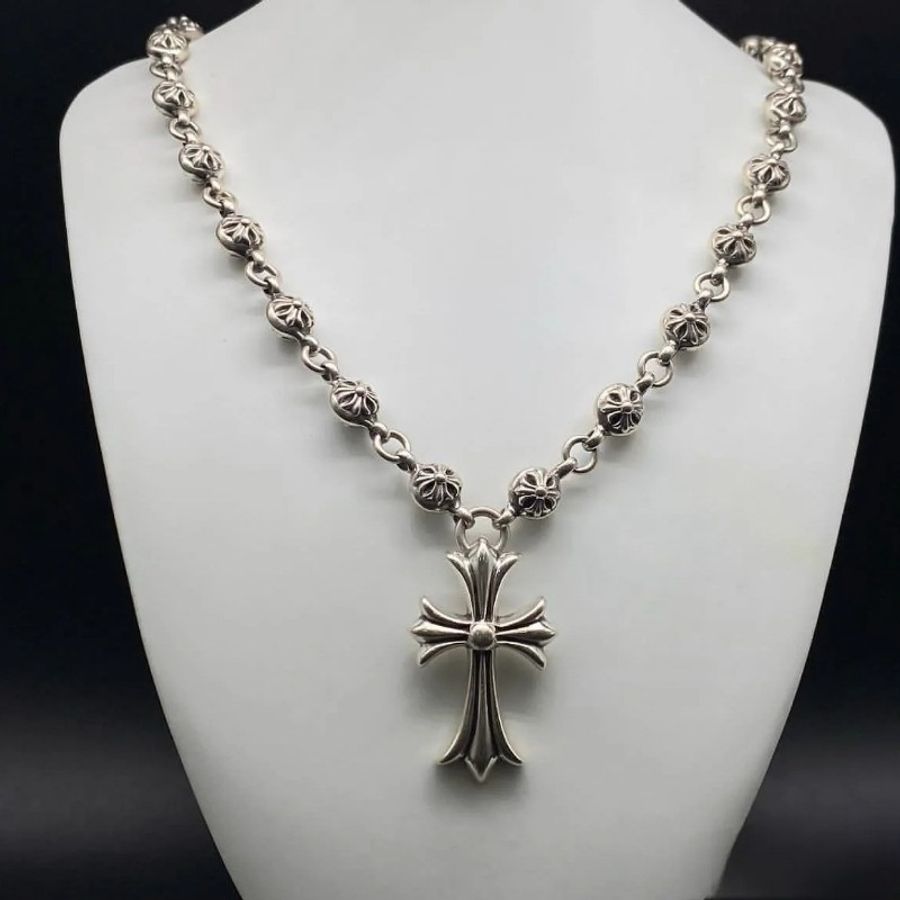 CHROME HEARTS 925銀飾花球十字架項鏈-1