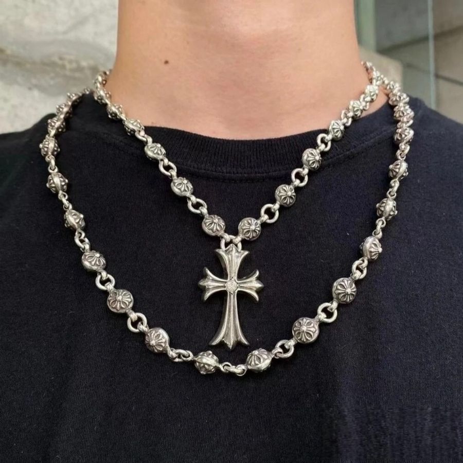 CHROME HEARTS 925銀飾花球十字架項鏈-4