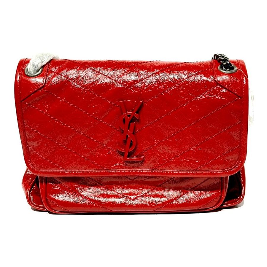【美收精品】YSL NIKI BABY系列紅色金屬LOGO霧銀鍊牛皮揉製漆皮翻蓋肩/斜背包(紅) A-52-0