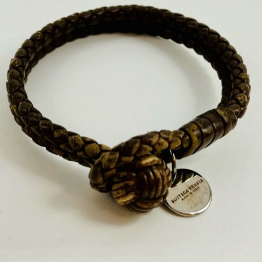 二手 BOTTEGA VENETA BV 手環雙圈編織皮革深咖啡色 L-0