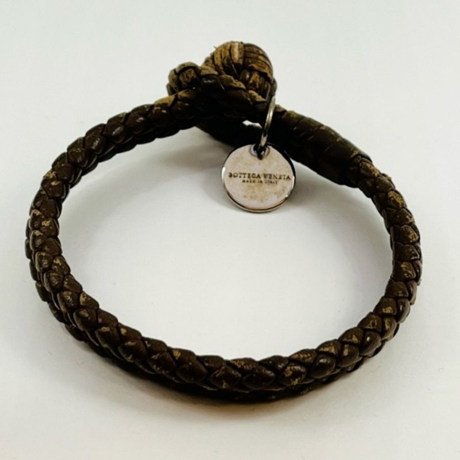 二手 BOTTEGA VENETA BV 手環雙圈編織皮革深咖啡色 L-1