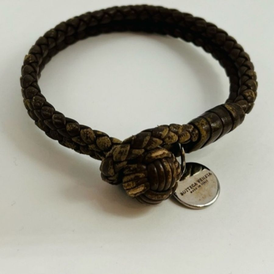 二手 BOTTEGA VENETA BV 手環雙圈編織皮革深咖啡色 L-2