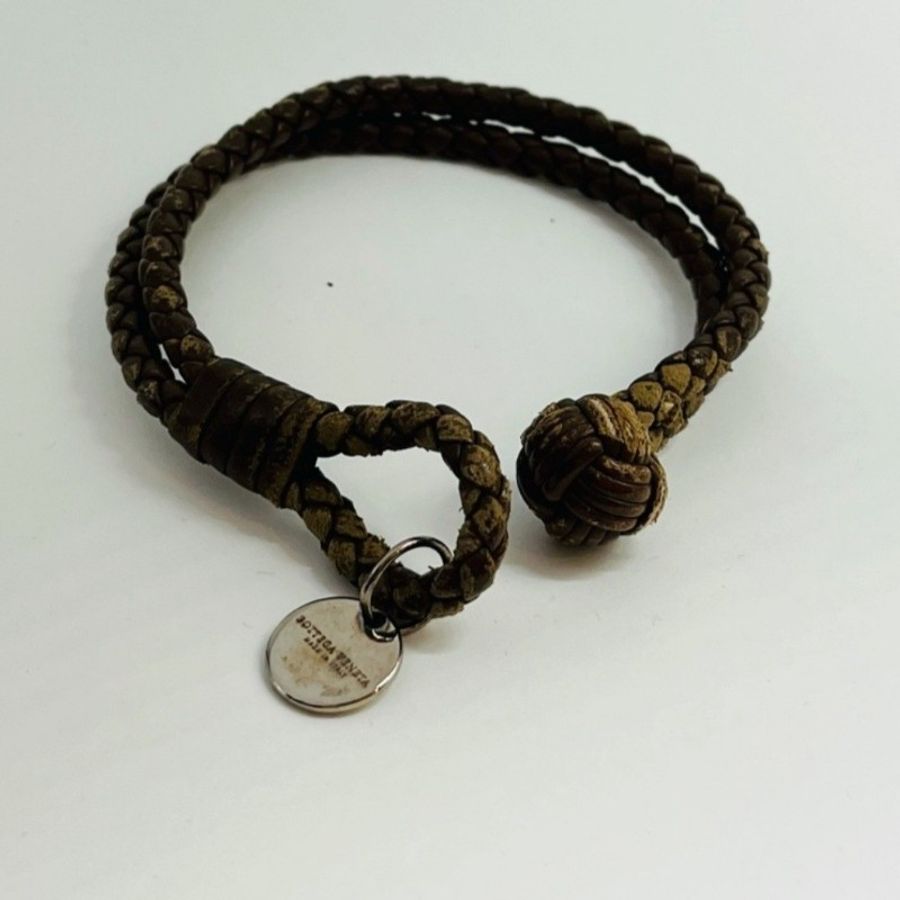 二手 BOTTEGA VENETA BV 手環雙圈編織皮革深咖啡色 L-4