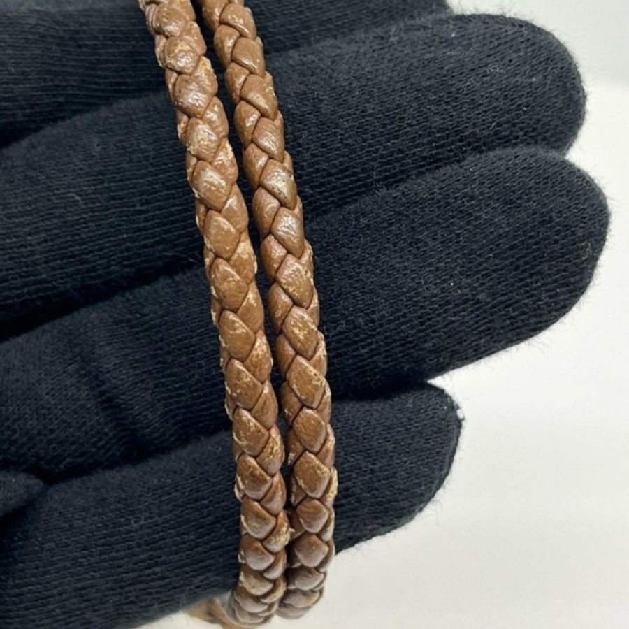 二手 BOTTEGA VENETA BV 手環雙圈編織皮革深咖啡色 L-5