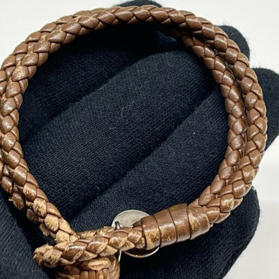 二手 BOTTEGA VENETA BV 手環雙圈編織皮革深咖啡色 L-7