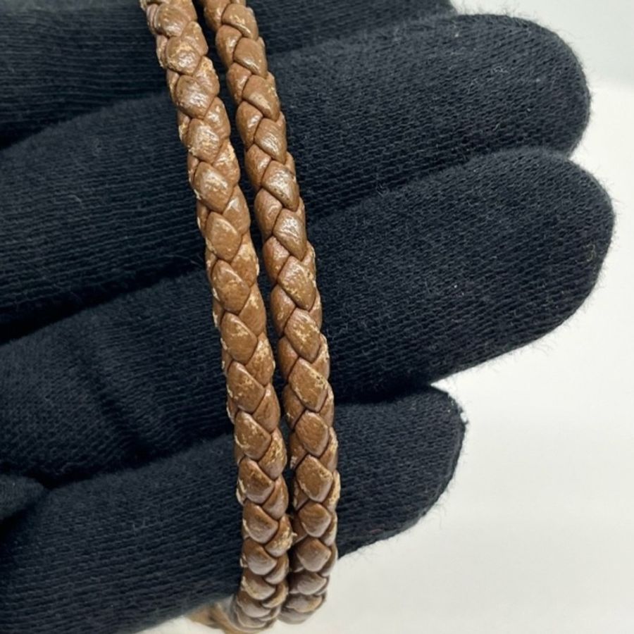 二手 BOTTEGA VENETA BV 手環雙圈編織皮革深咖啡色 L-9