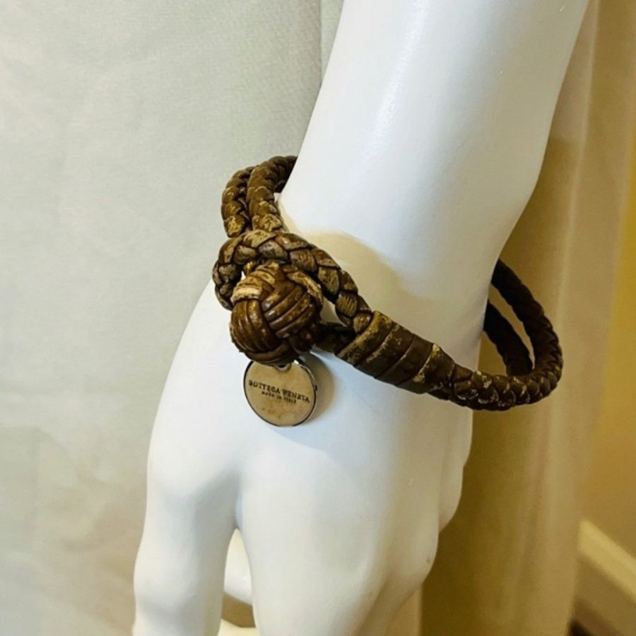 二手 BOTTEGA VENETA BV 手環雙圈編織皮革深咖啡色 L-10