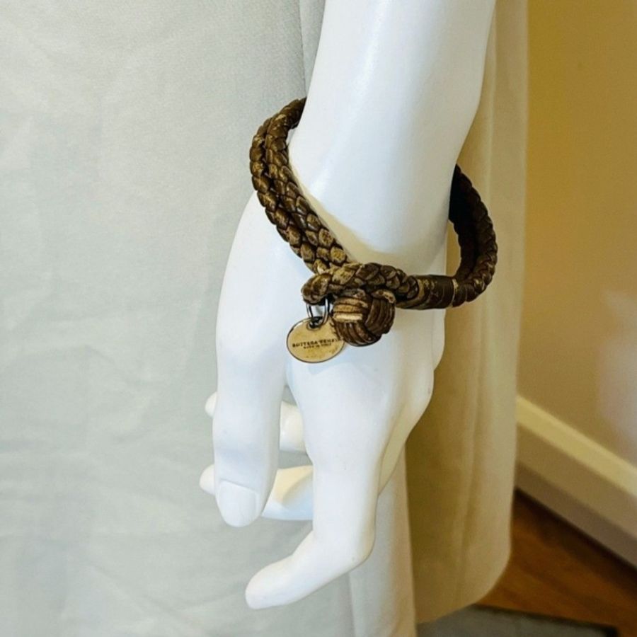 二手 BOTTEGA VENETA BV 手環雙圈編織皮革深咖啡色 L-11