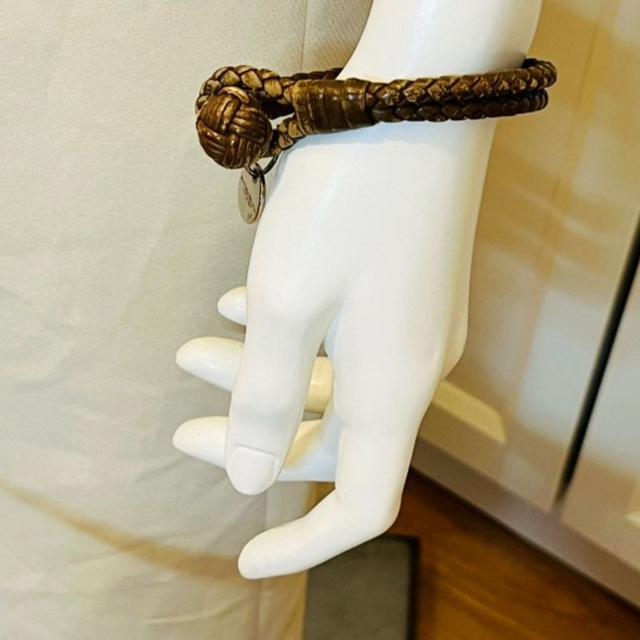 二手 BOTTEGA VENETA BV 手環雙圈編織皮革深咖啡色 L-12