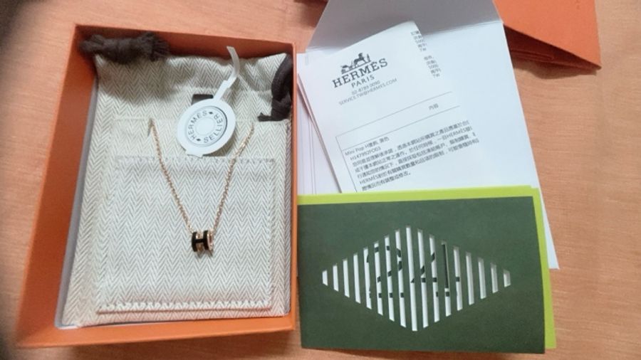 HERMES 愛馬仕 POP橢圓琺瑯H字母金屬LOGO簍空設計項鍊(迷你/黑x玫瑰金)-4