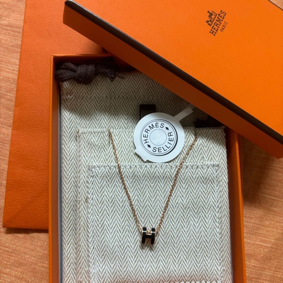 HERMES 愛馬仕 POP橢圓琺瑯H字母金屬LOGO簍空設計項鍊(迷你/黑x玫瑰金)-6