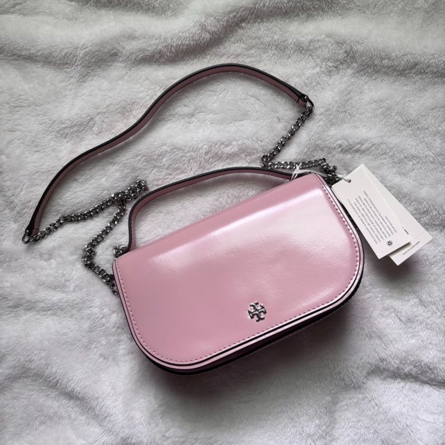 Tory Burch Emerson 漆皮 翻蓋 鍊條包 單肩包 斜跨包 小方包(藕粉色)-5