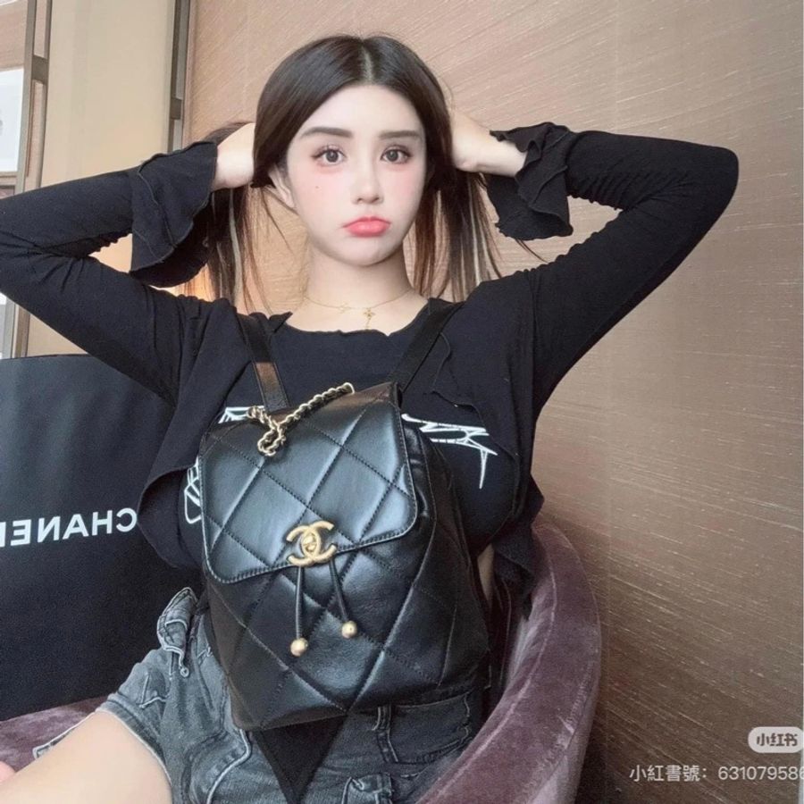 香奈兒Chanel 24S 黑金羊皮 雙金球  金色字母鍊條背帶 雙肩背包  手提/ 側背/ 後背-1