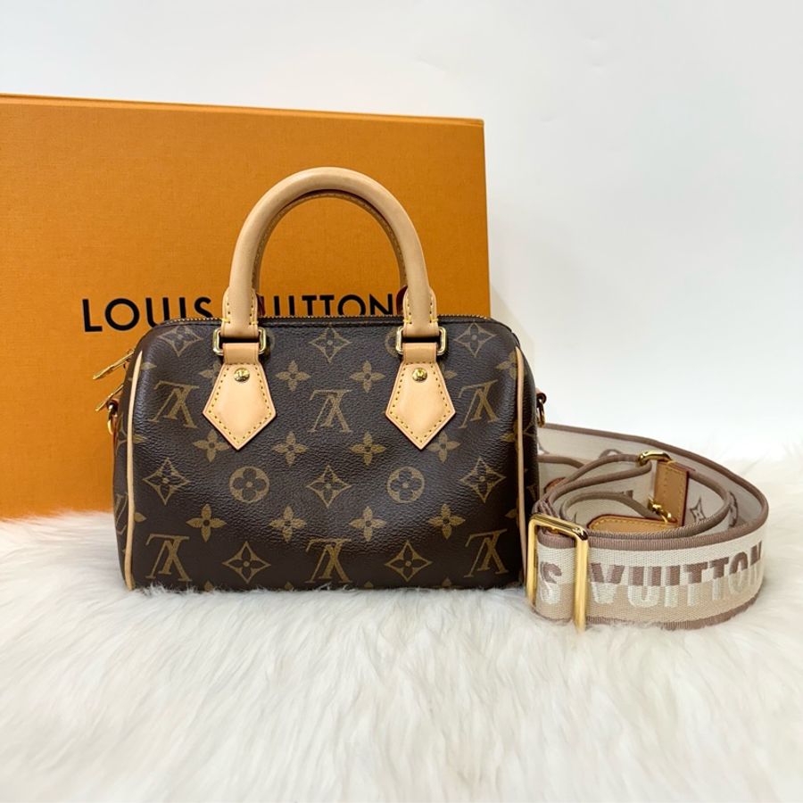 LV 老花speedy20 刺繡寬背帶 斜背包-0