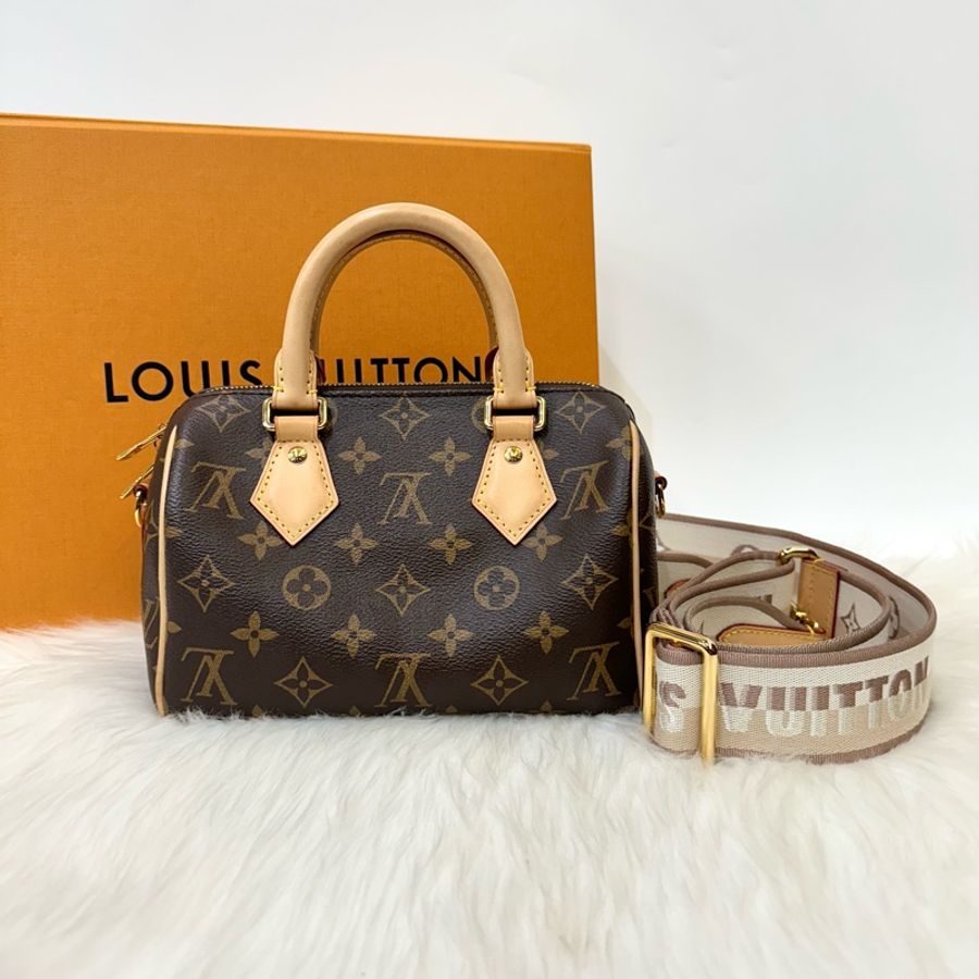 LV 老花speedy20 刺繡寬背帶 斜背包-11