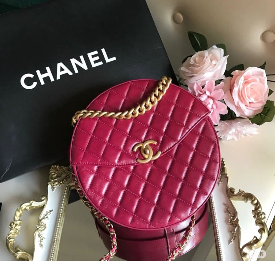 CHANEL香奈兒經典雙C LOGO菱格紋復古鍊帶斜背手替圓餅包紅色-2
