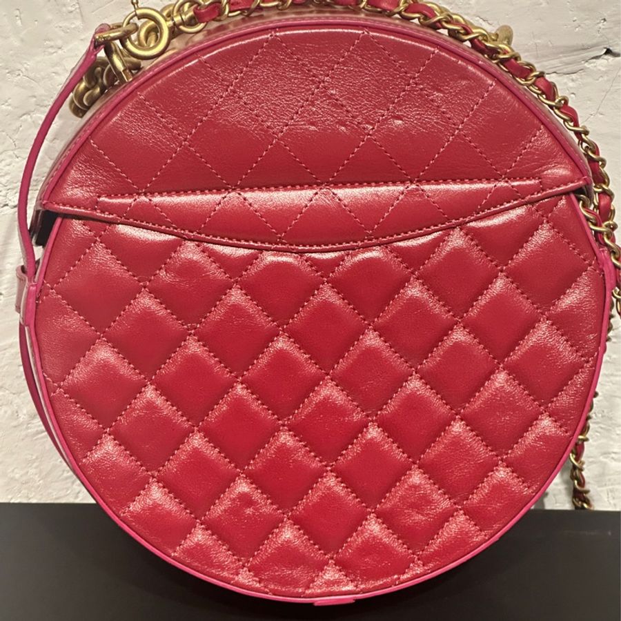 CHANEL香奈兒經典雙C LOGO菱格紋復古鍊帶斜背手替圓餅包紅色-5
