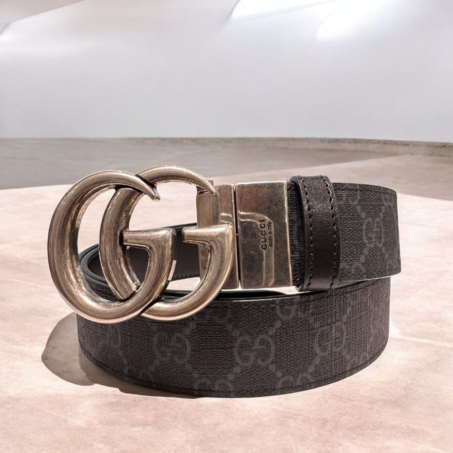GUCCI .Marmont復古銀扣黑色雙面腰帶-0