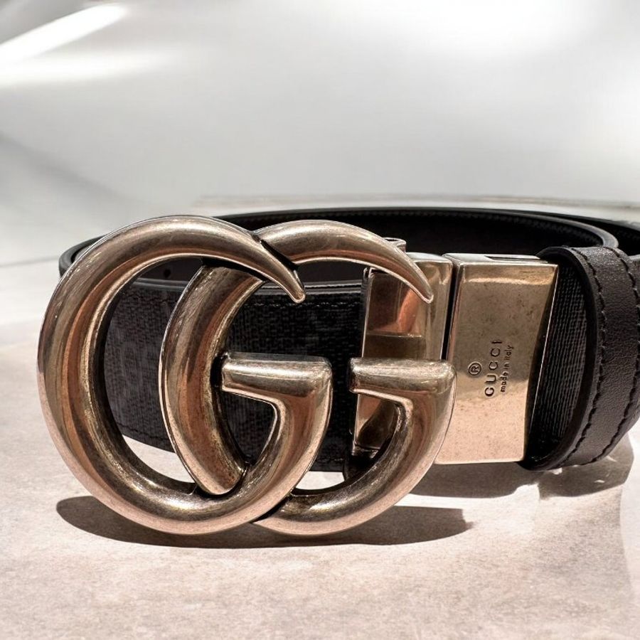GUCCI .Marmont復古銀扣黑色雙面腰帶-1
