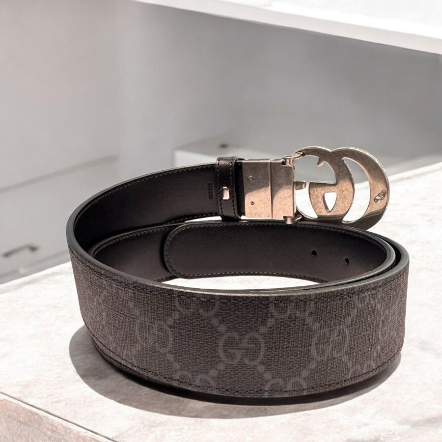GUCCI .Marmont復古銀扣黑色雙面腰帶-4