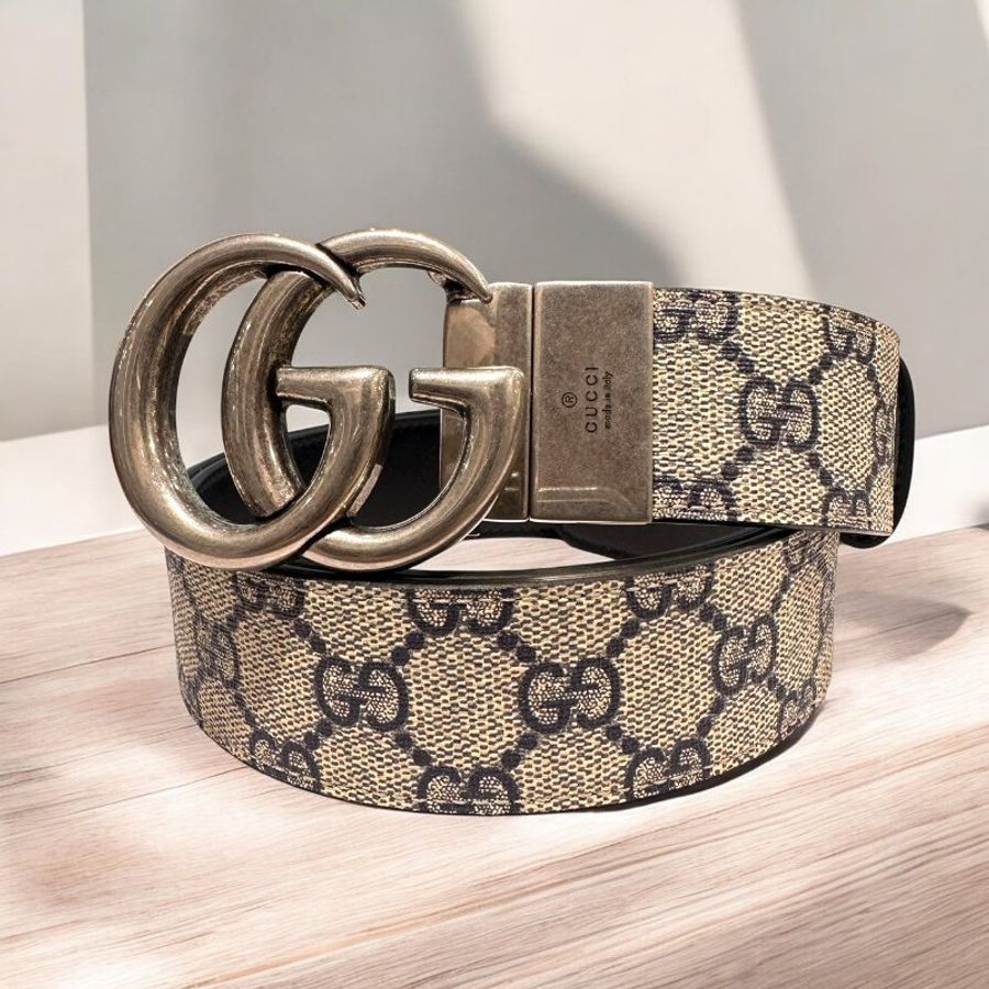 GUCCI Marmont復古銀扣藍色雙面腰帶-0