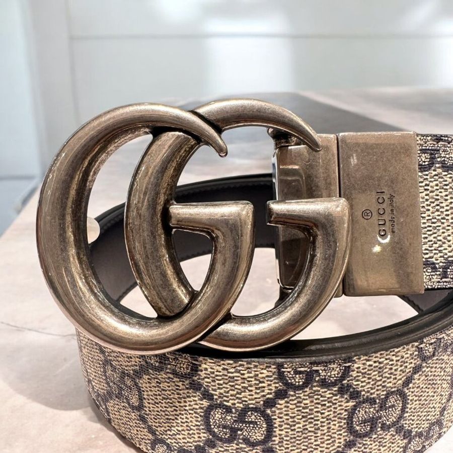 GUCCI Marmont復古銀扣藍色雙面腰帶-2