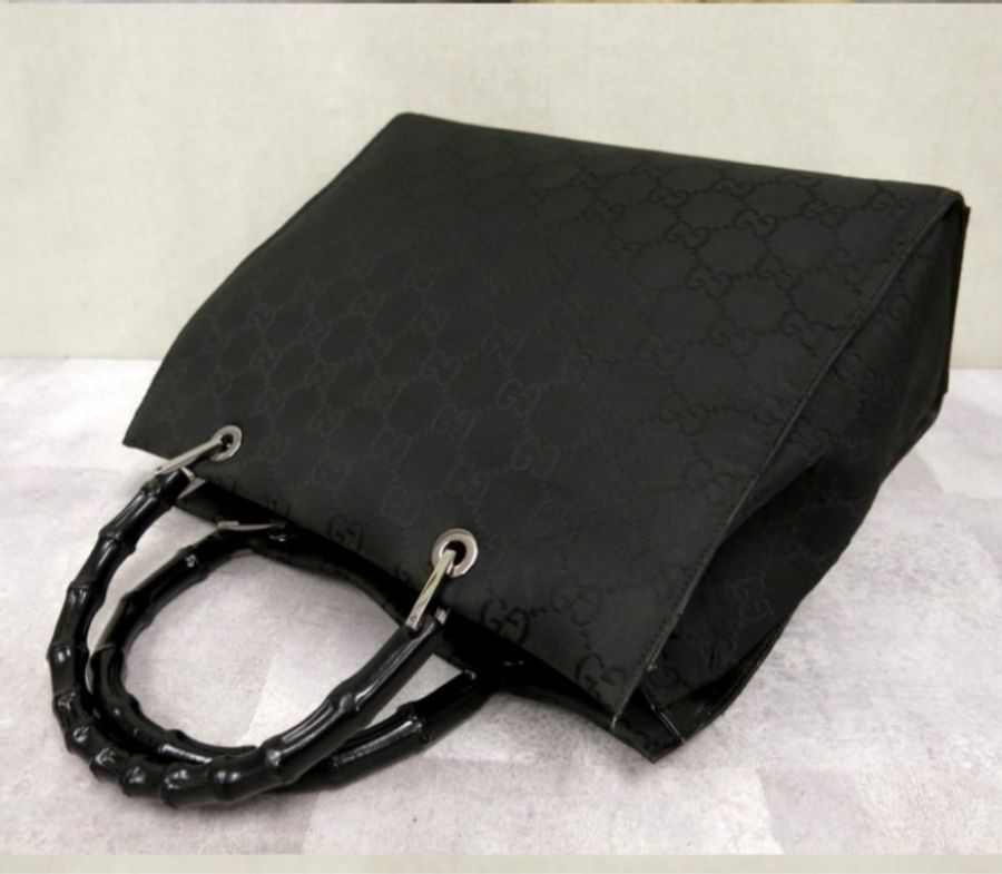 GUCCI 竹子 GG 帆布手提包尼龍黑色-5