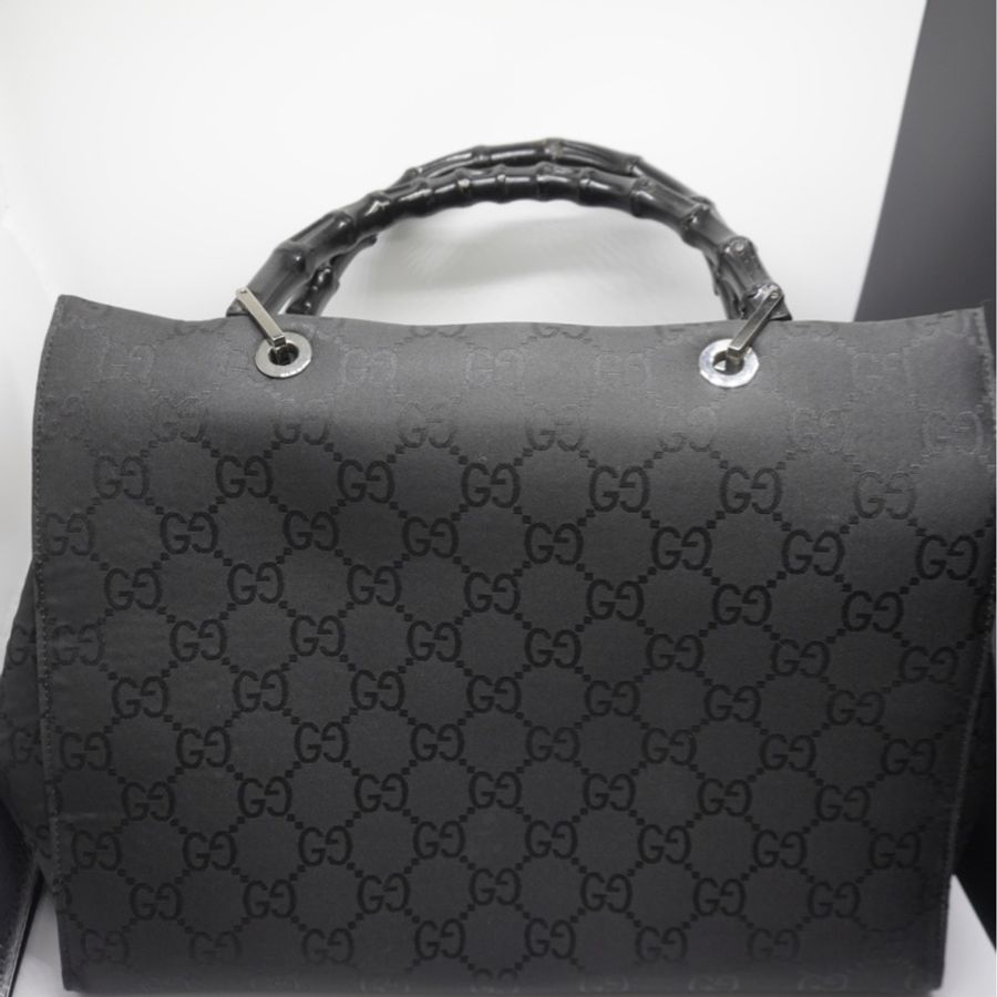 GUCCI 竹子 GG 帆布手提包尼龍黑色-6