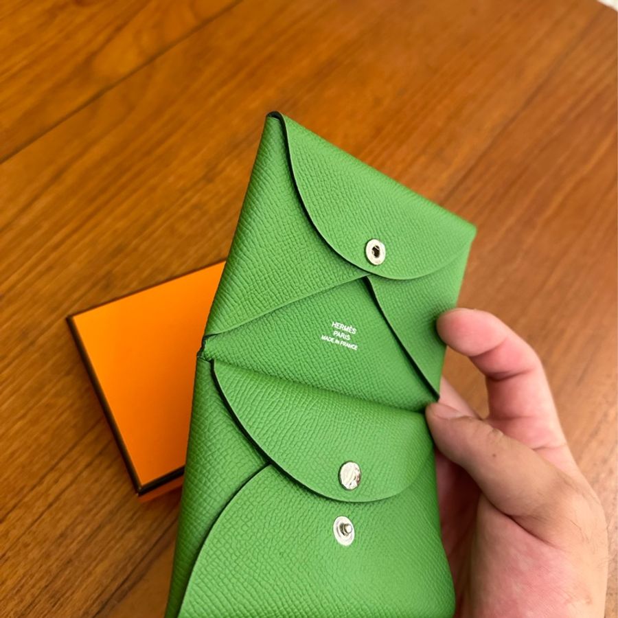 Hermes 絲蘭綠CALVI DUO 雙釦式卡片零錢包-14