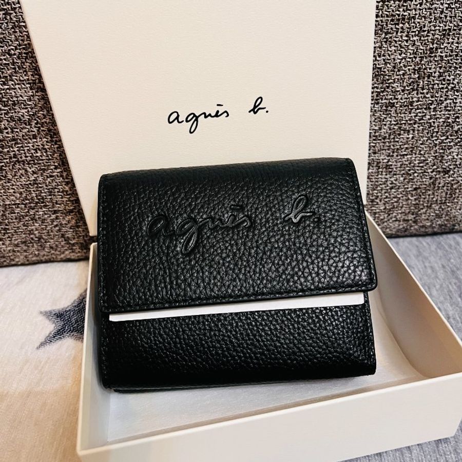 agnès b.浮雕LOGO 牛皮皮革短夾 男女適用-0