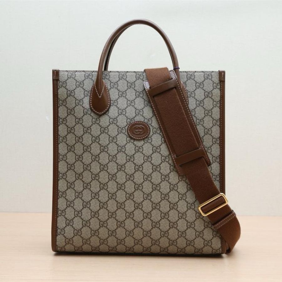 GUCCI(古馳) GG Retro 皮標 帆布拼皮 老花LOGO 小號托特包 老花 PVC-0