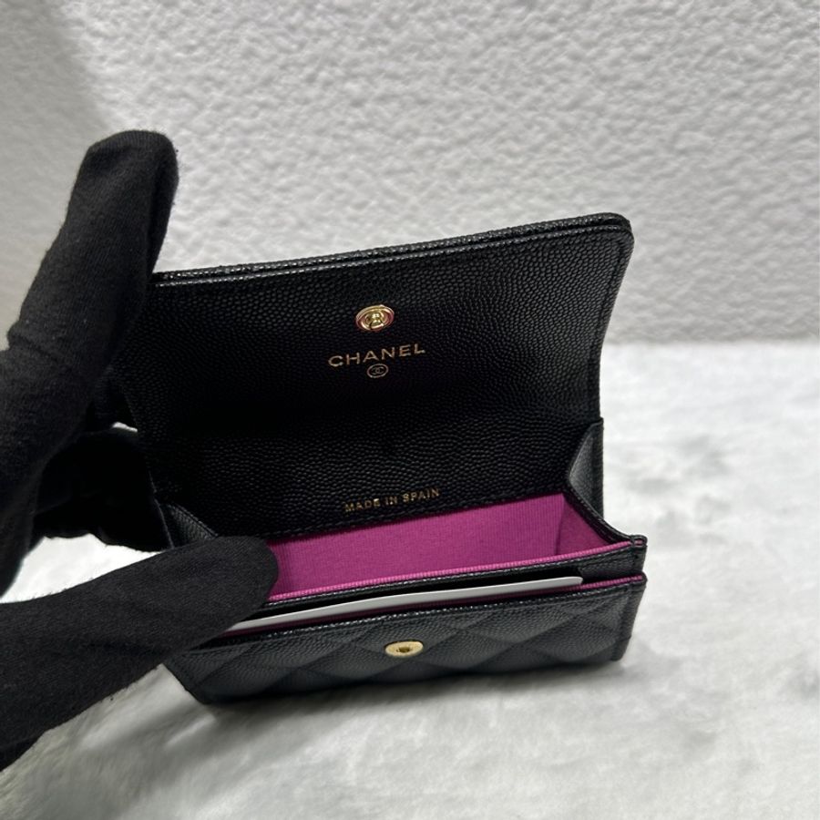 CHANEL 經典雙C金絲線荔枝皮二層扣式零錢包/卡包-1