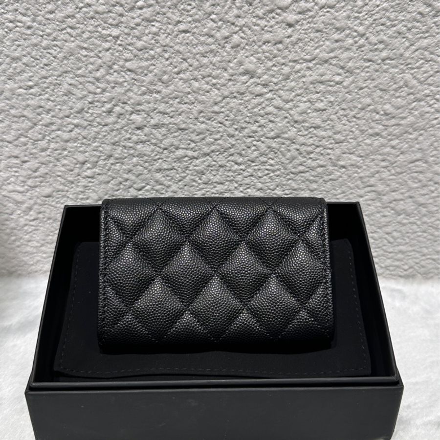 CHANEL 經典雙C金絲線荔枝皮二層扣式零錢包/卡包-2