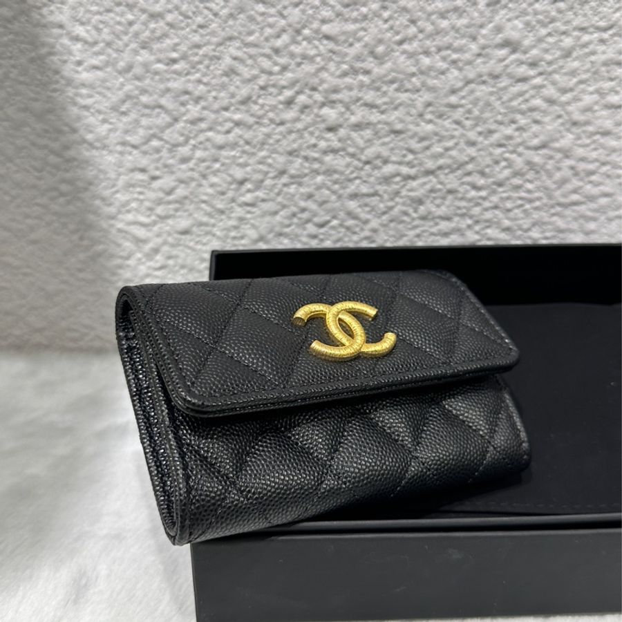 CHANEL 經典雙C金絲線荔枝皮二層扣式零錢包/卡包-3