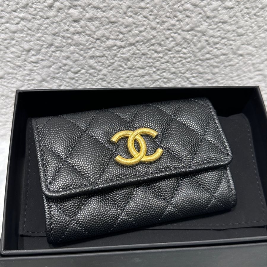 CHANEL 經典雙C金絲線荔枝皮二層扣式零錢包/卡包-4