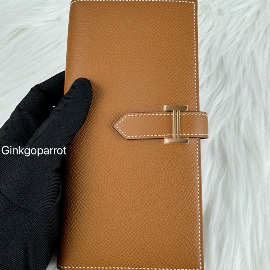 Hermes Bearn 全新經典H釦金棕色牛皮長夾-6
