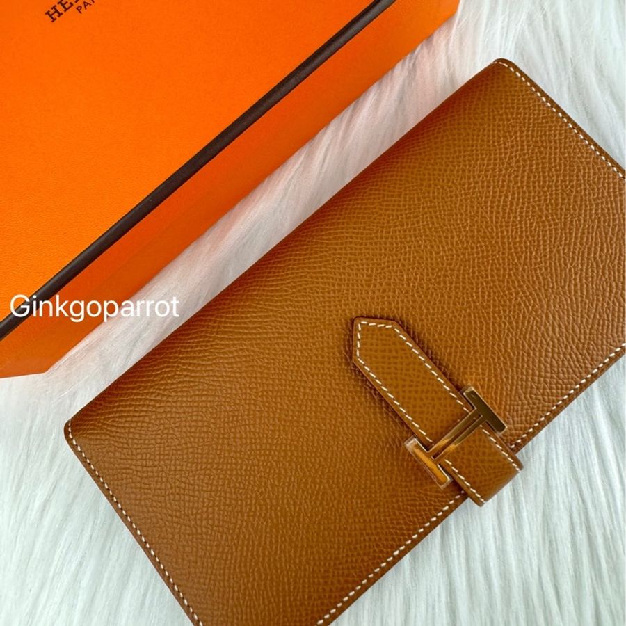 Hermes Bearn 全新經典H釦金棕色牛皮長夾-7